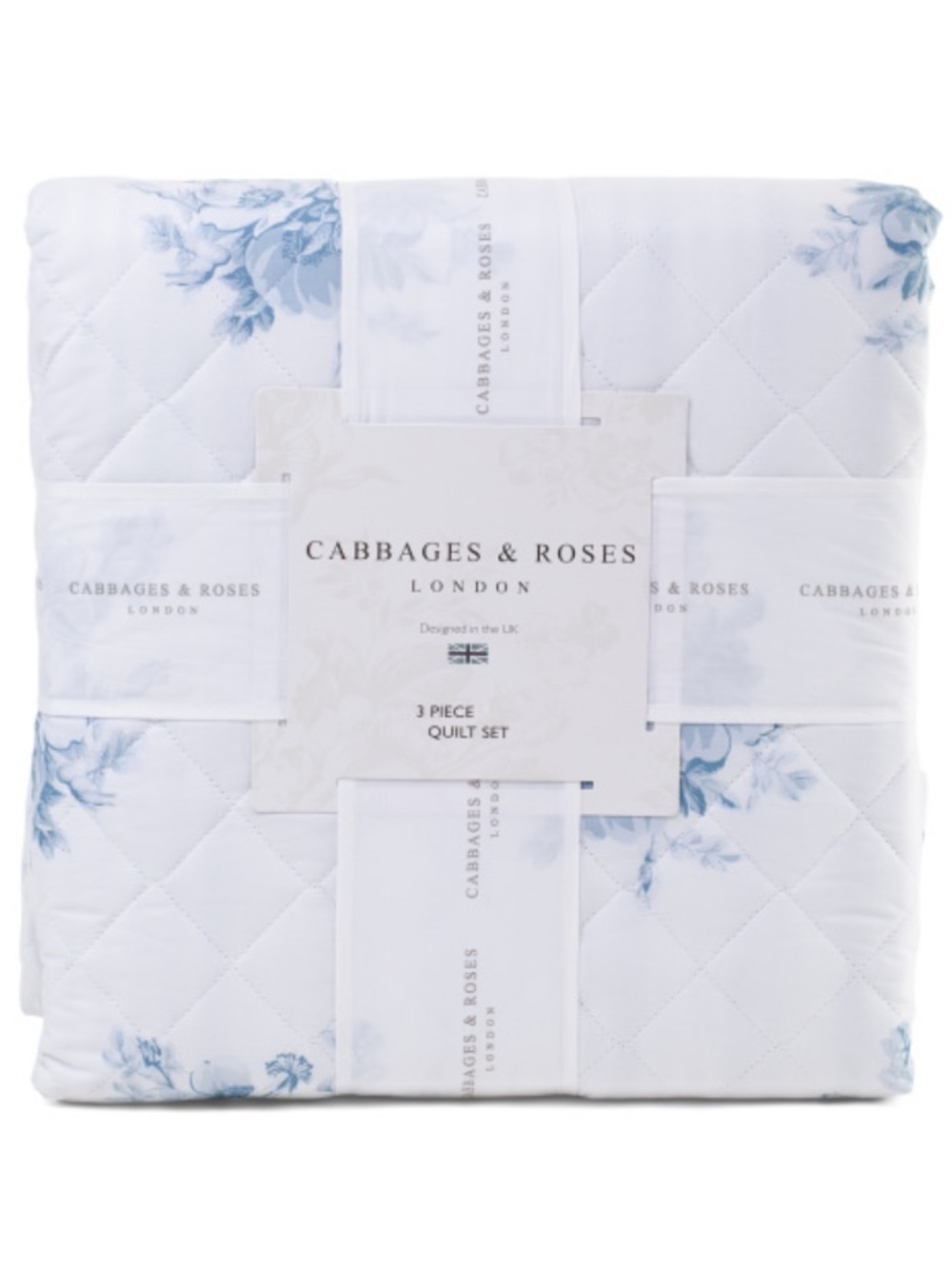 CABBAGES & ROSES White and Light Blue Floral Quilt Set